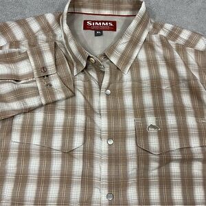 Simms Pearl Snap Shirt Mens XL Beige Tan Plaid Fishing Vented Up Outdoor